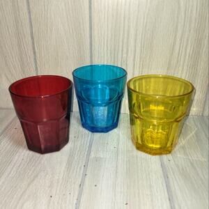 Set Of 3 Rainbow Glasses Red Blue Yellow Small Tumblers Water Glass Barware